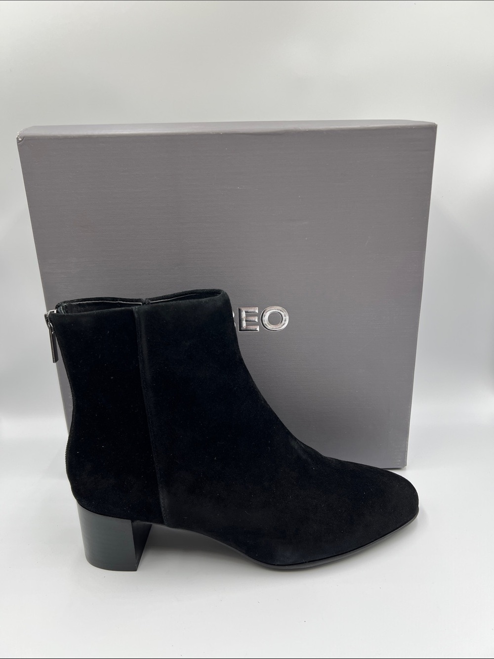 ABEO Plaza back zipper ankle boots shoe black suede leather heel women new 8.5